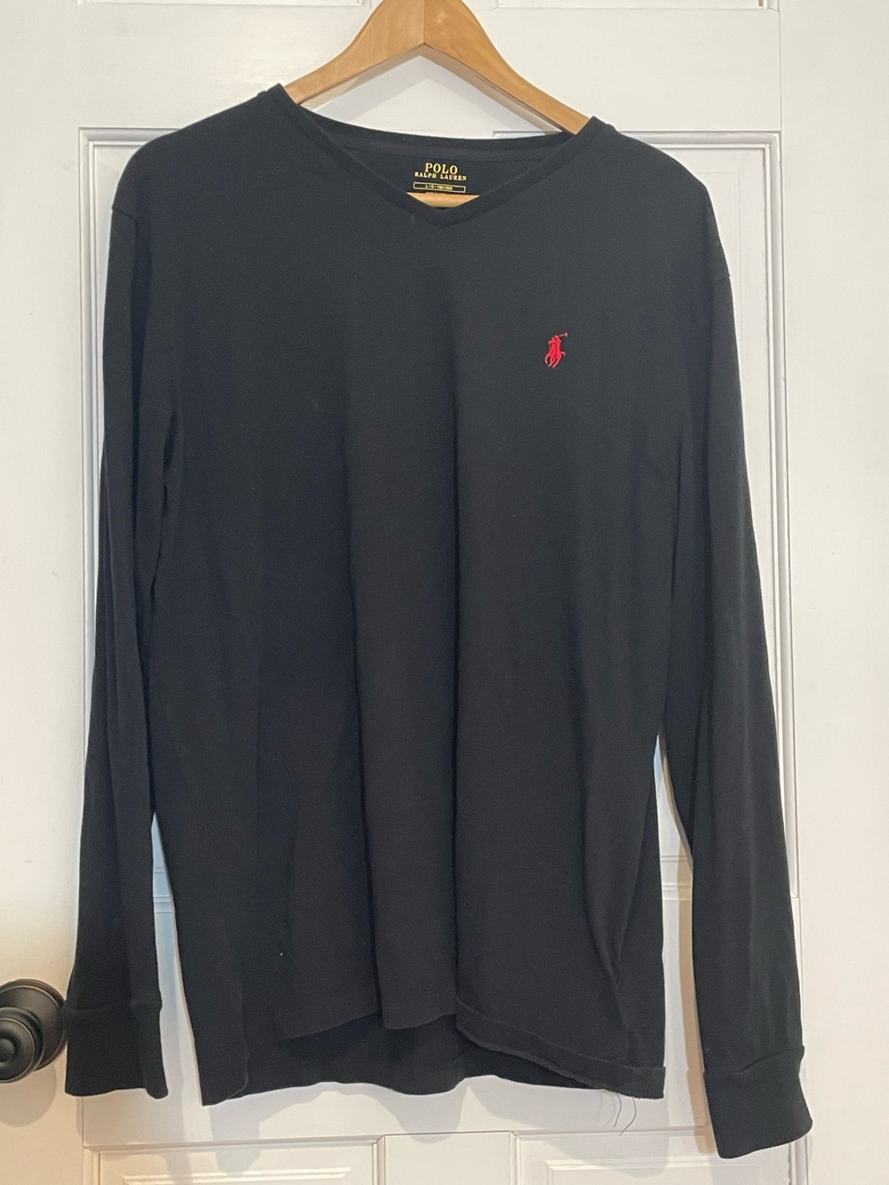 Polo by Ralph Lauren Men's Cotton Black Long-Sleeve V-Neck Shirt with Red Logo